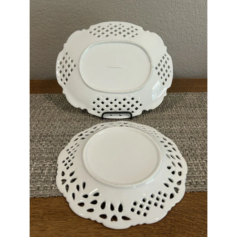 Vintage White Milk Lattice Edge Plates Set Of 2 Oval 10 X 12 Round 10 Diameter